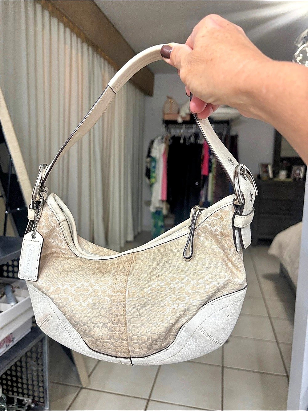 Coach Soho Small Signature Hobo White & Beige Shoulder Bag